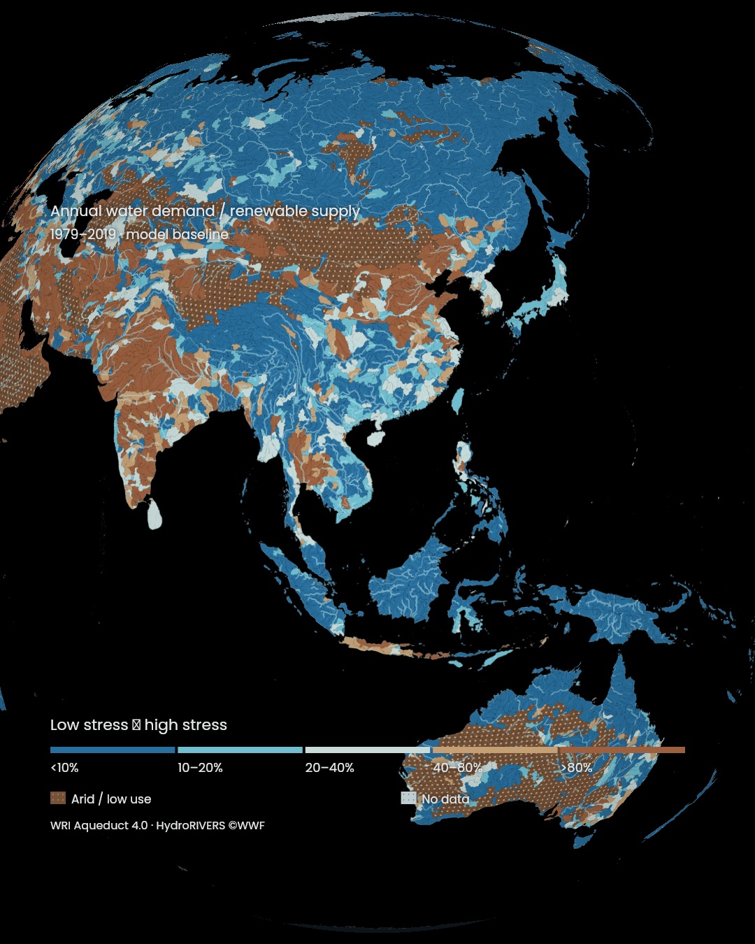 A globe of water demand relative to renewable supply across 16,395 basins, coloured blue to brown.