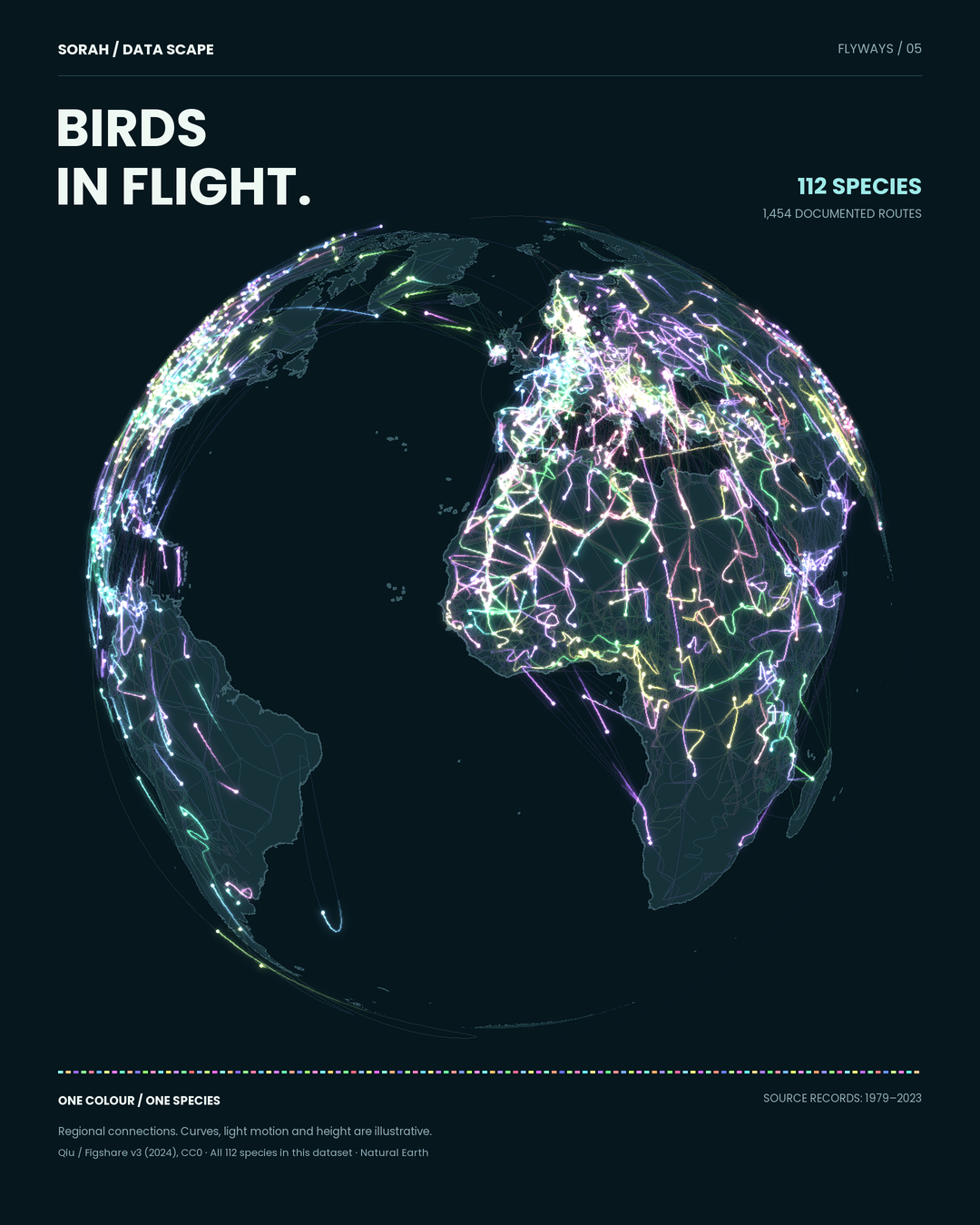 BIRDS IN FLIGHT. A globe displaying regional migration connections for 112 species.