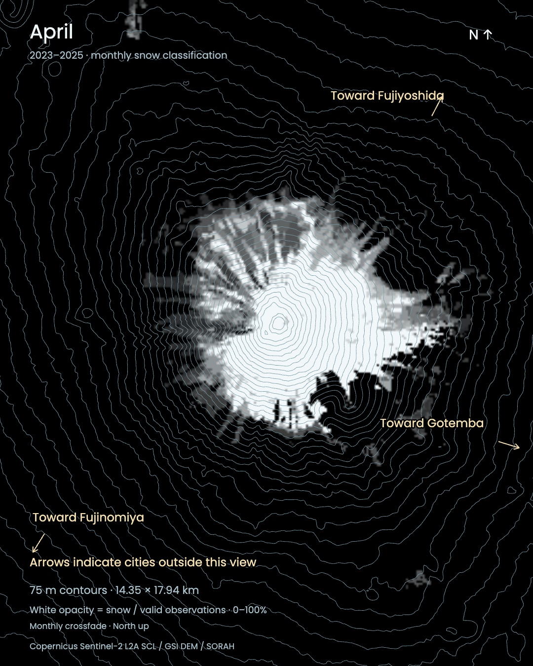 North-up contour map of Mount Fuji with April snow observations