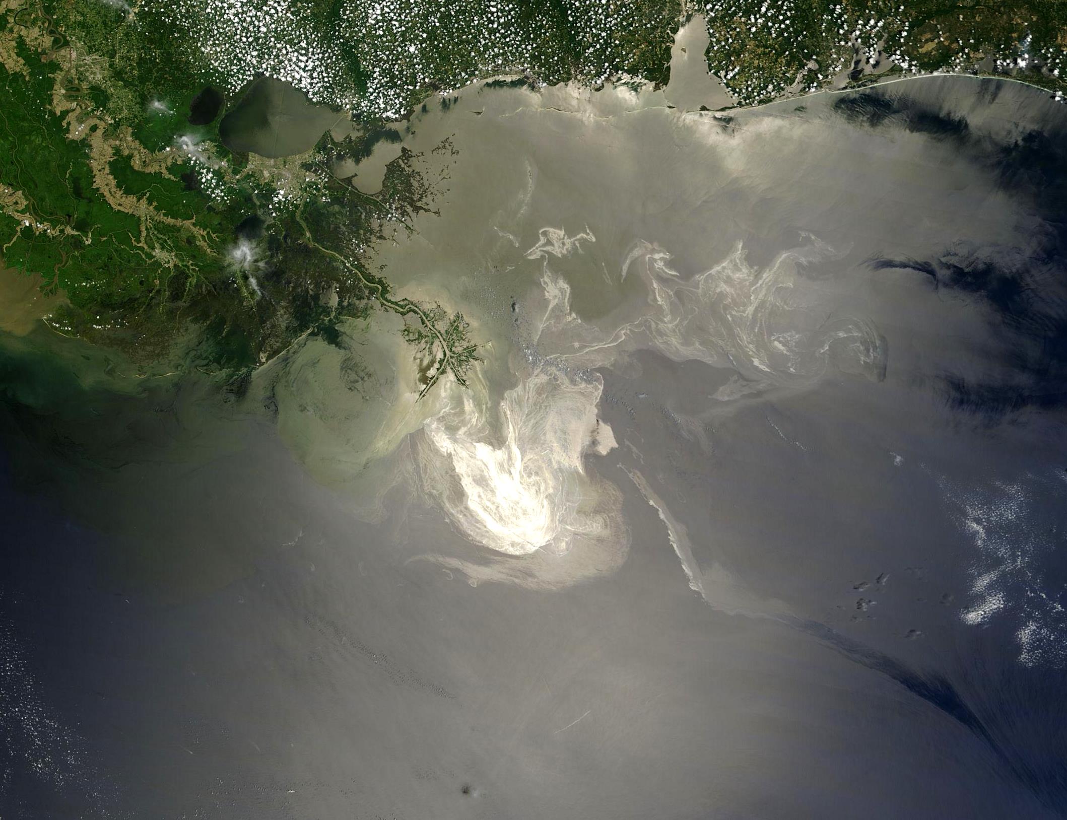 Satellite image of oil streaks offshore from the Mississippi Delta.
