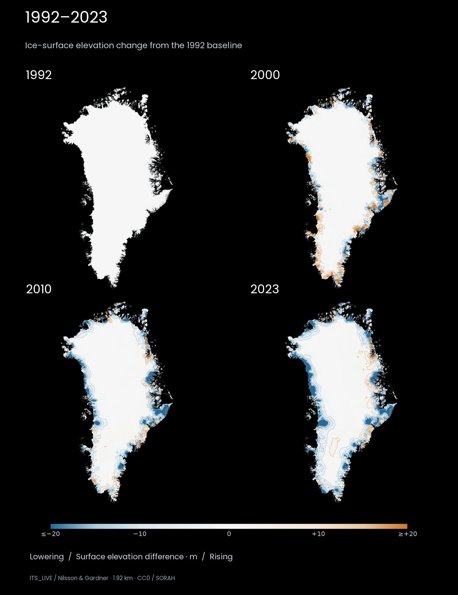 Four annual ice-elevation maps relative to 1992