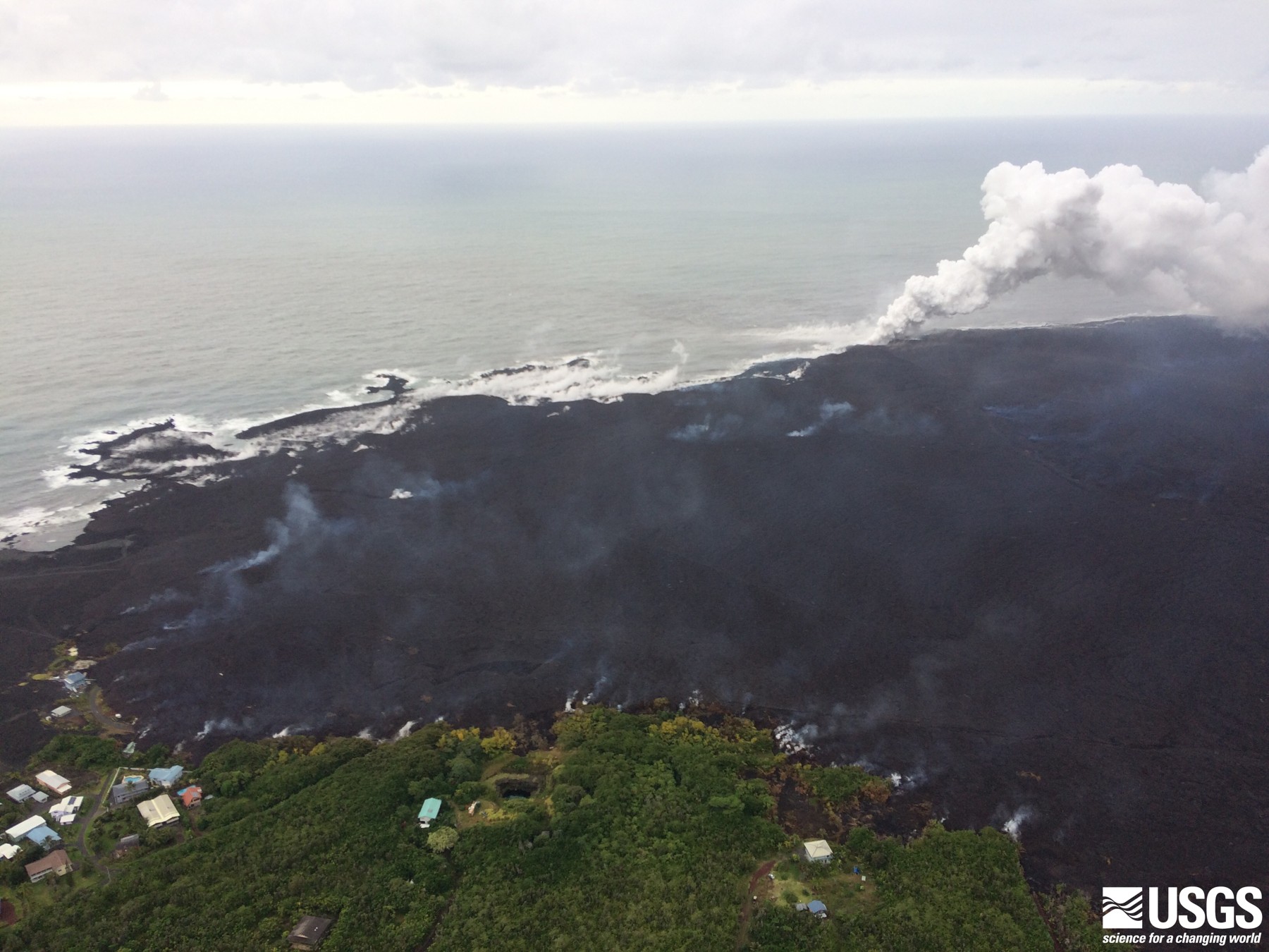Lava entering Kapoho Bay and building a new coastline, June 10, 2018