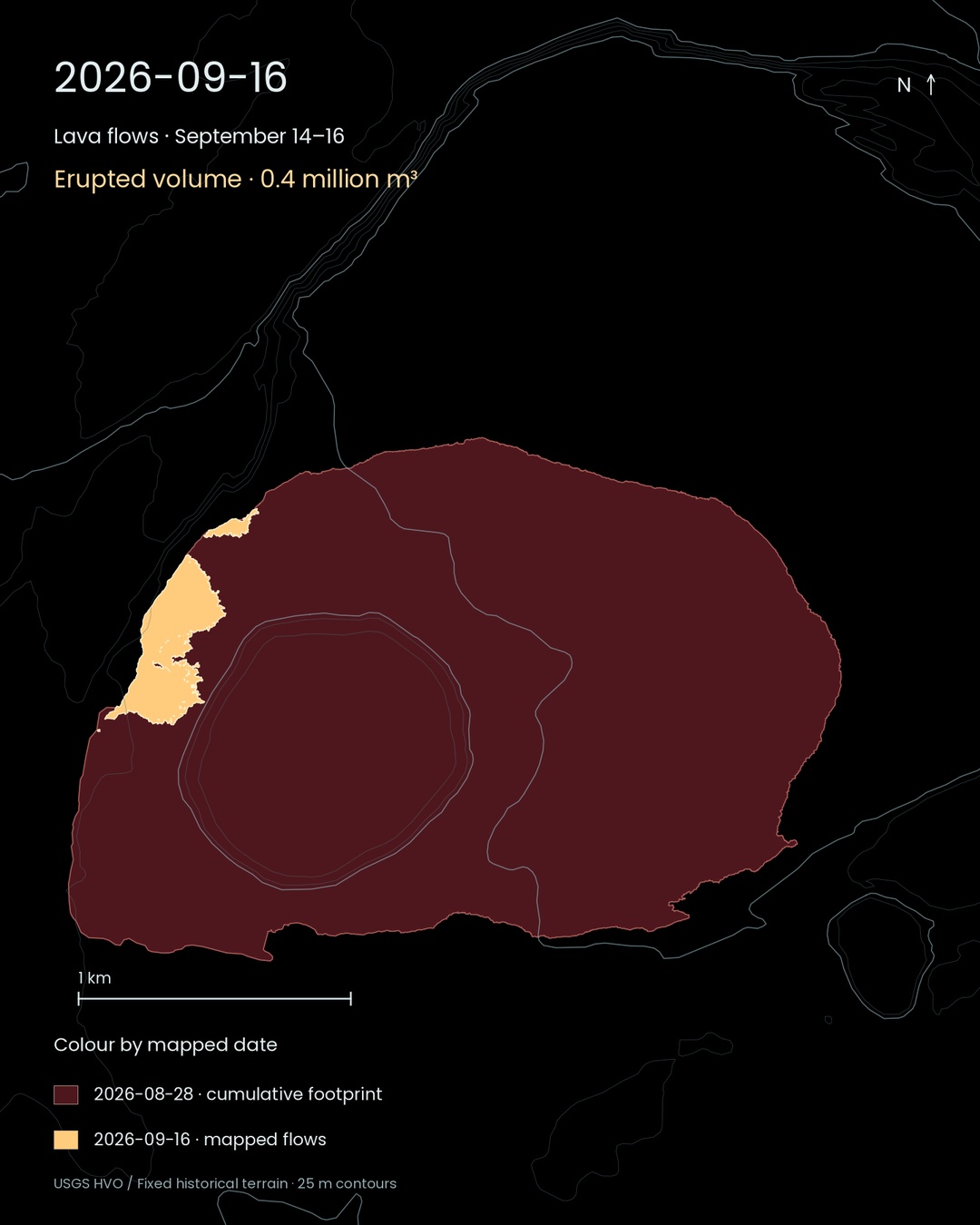 August 28 cumulative lava footprint and flows mapped September 16, with 25 m contours