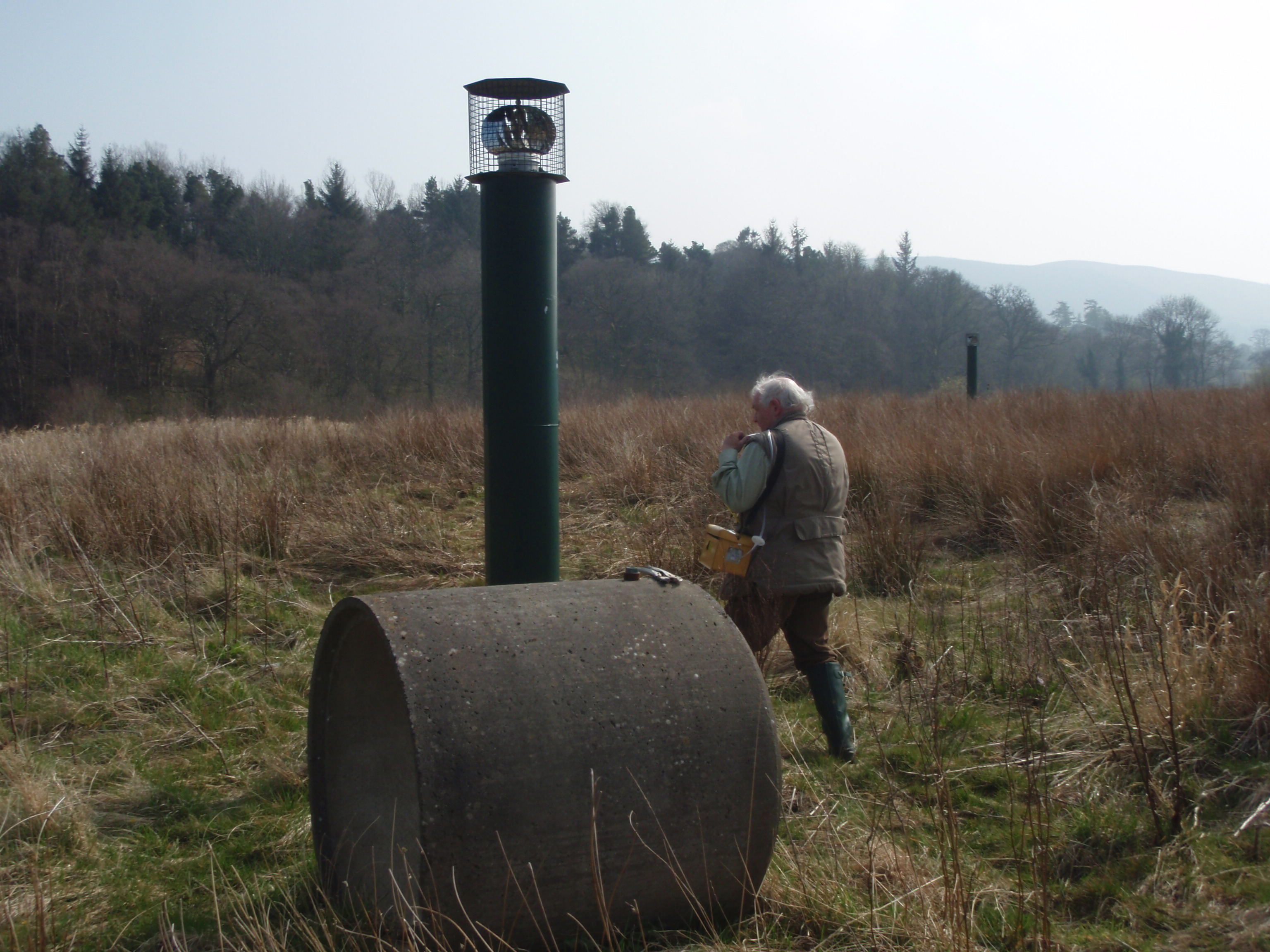 A gas vent on grass-covered ground at the closed Nantmel landfill