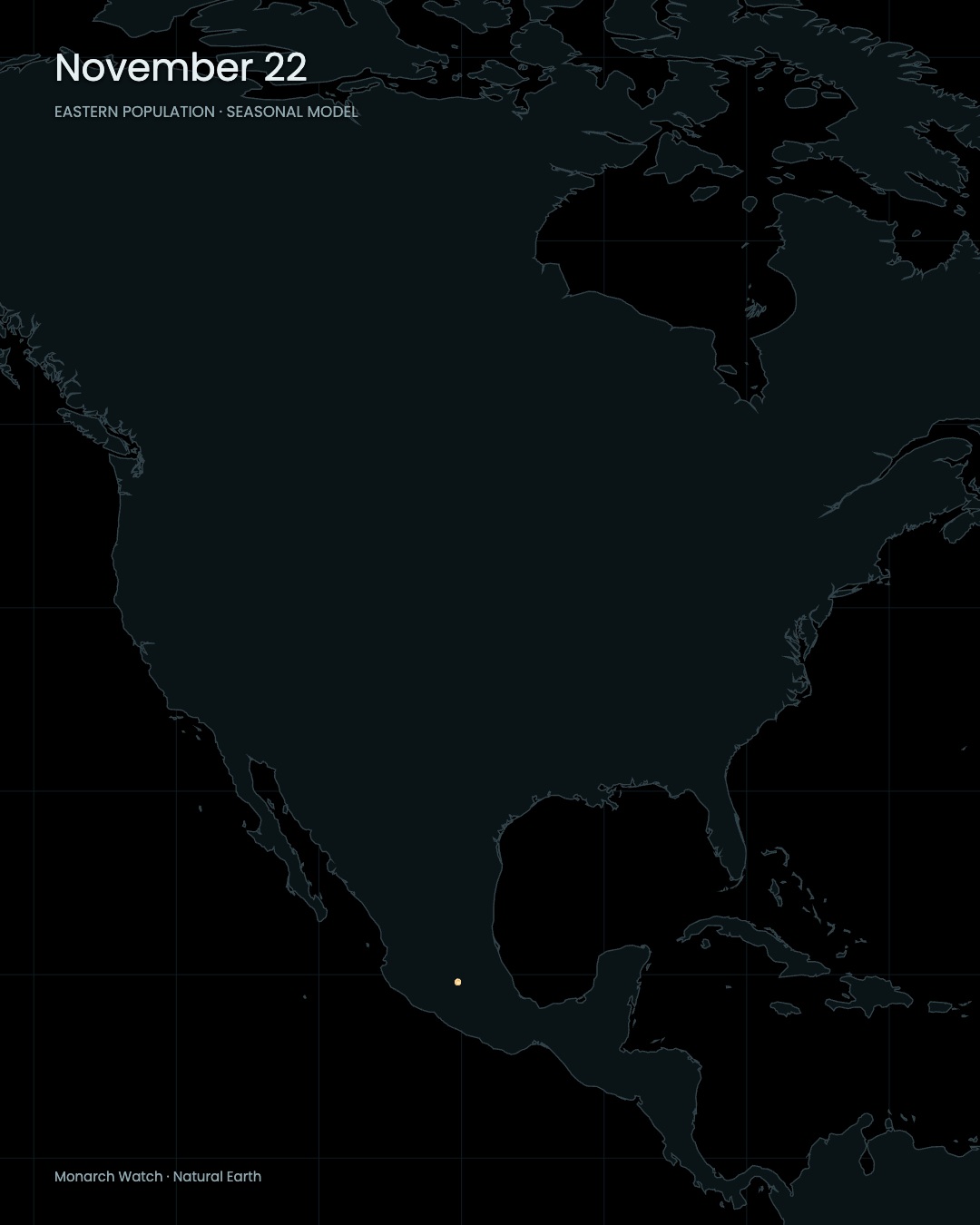 November: an approximate central-Mexican wintering region, not mapped boundaries of individual colonies.