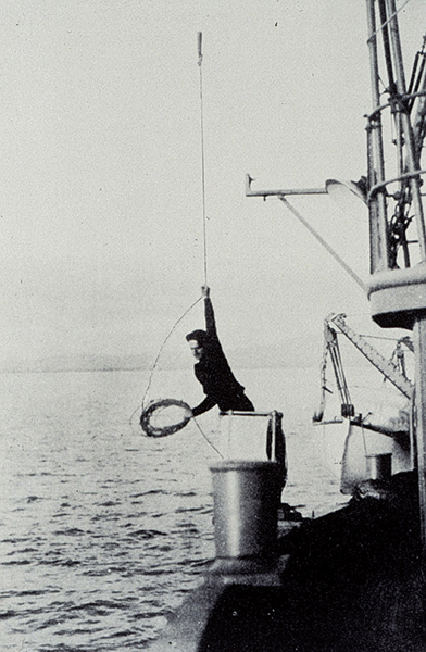 A historical photograph of a surveyor casting a lead line from a ship