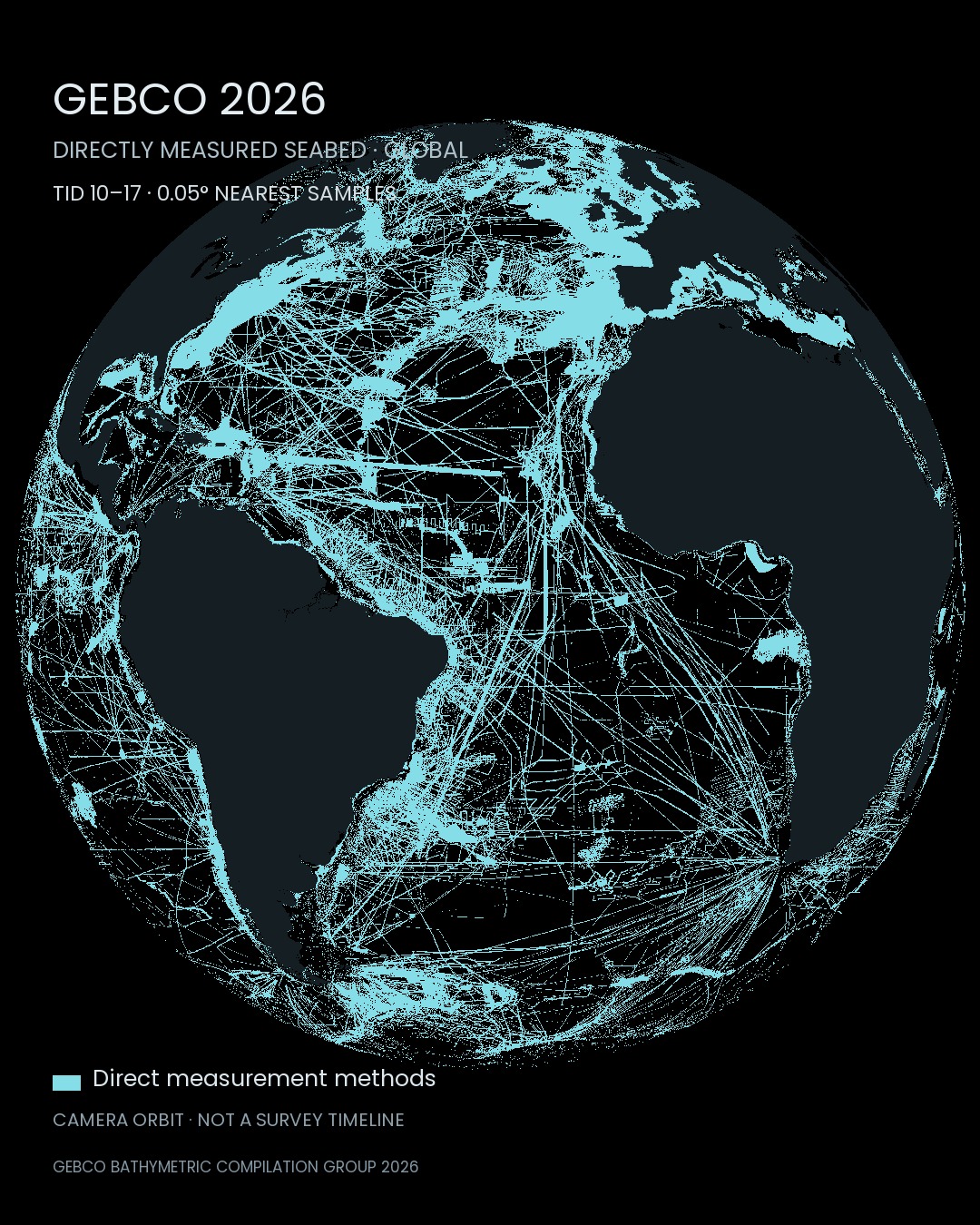 Looking toward the Atlantic. Lines and patches show the distribution of direct-measurement source classes; dark regions can still contain inferred or mixed data.