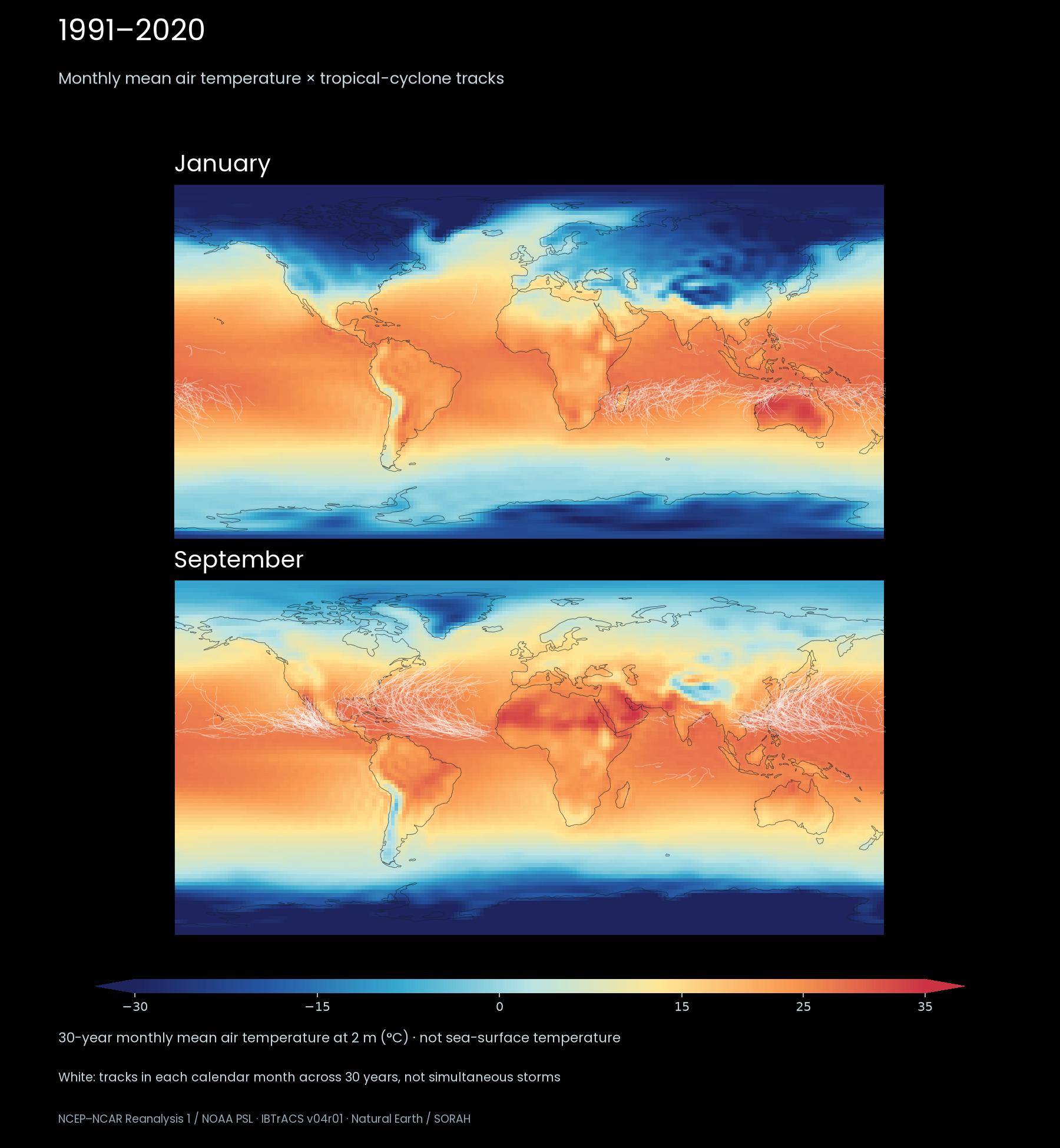 January and September mean air temperature with tropical-cyclone tracks