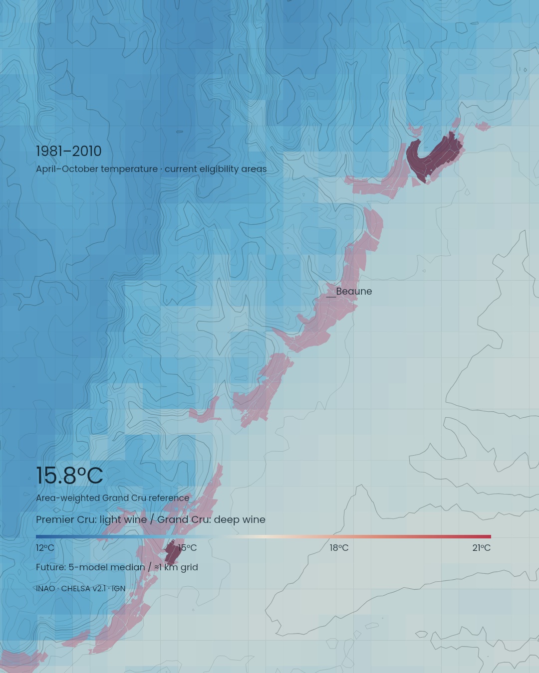 Fixed Burgundy vineyard boundaries over growing-season temperature in the baseline and two future scenarios.