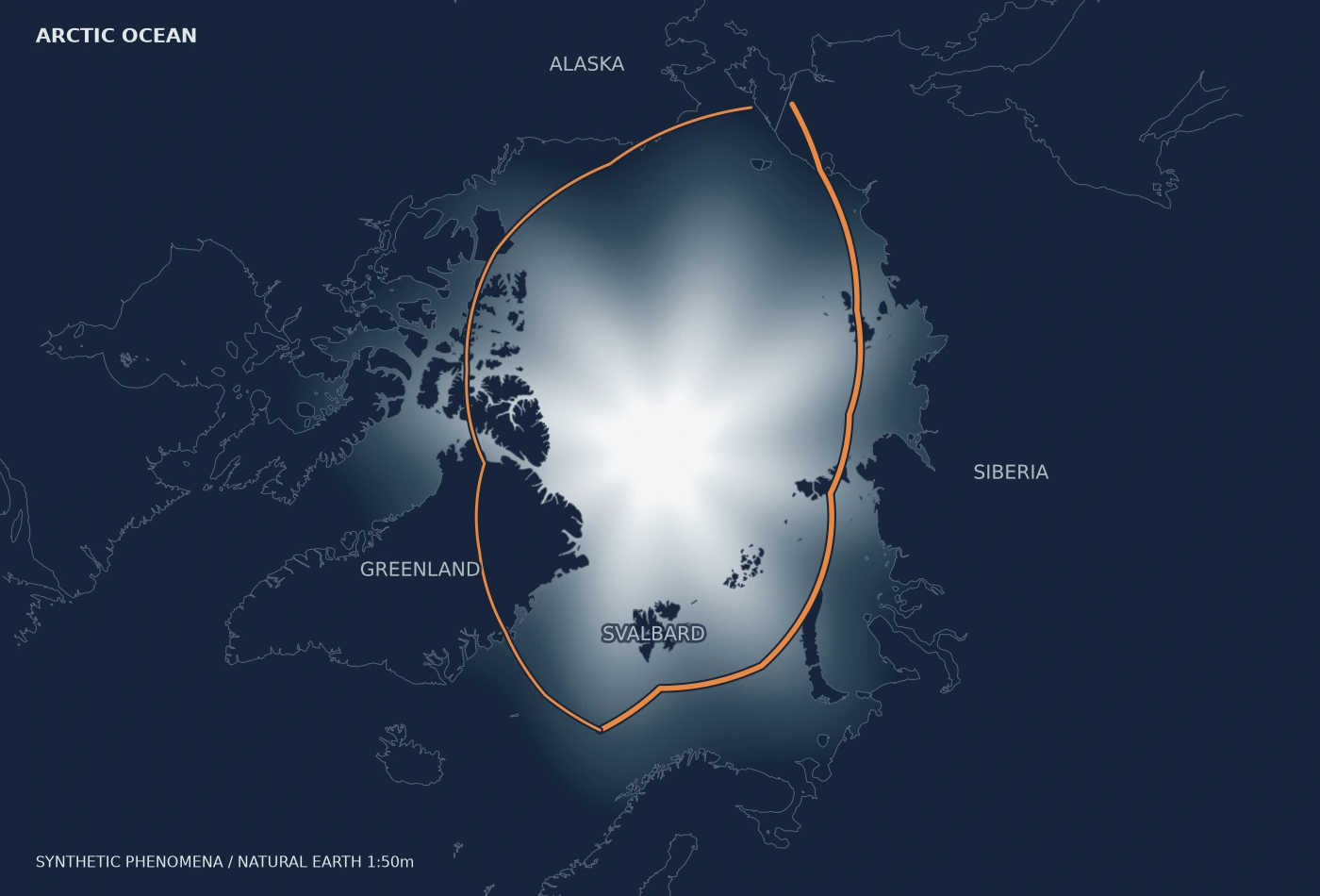 北極海の地図。重ね合わせ / 海氷の密接度 × 航路。地理はNatural Earth、現象は合成データ。