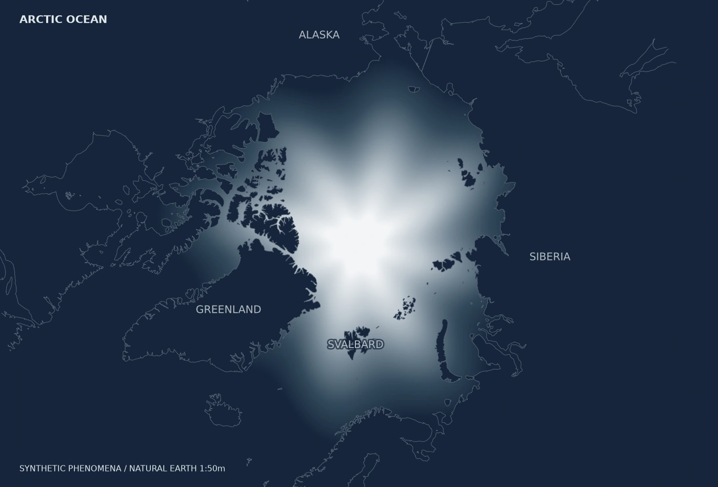 北極海の地図。01 面 / 海氷の密接度。地理はNatural Earth、現象は合成データ。