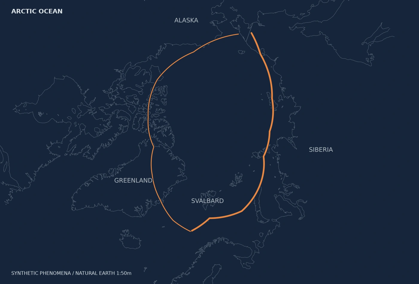 北極海の地図。02 線 / 航路。地理はNatural Earth、現象は合成データ。