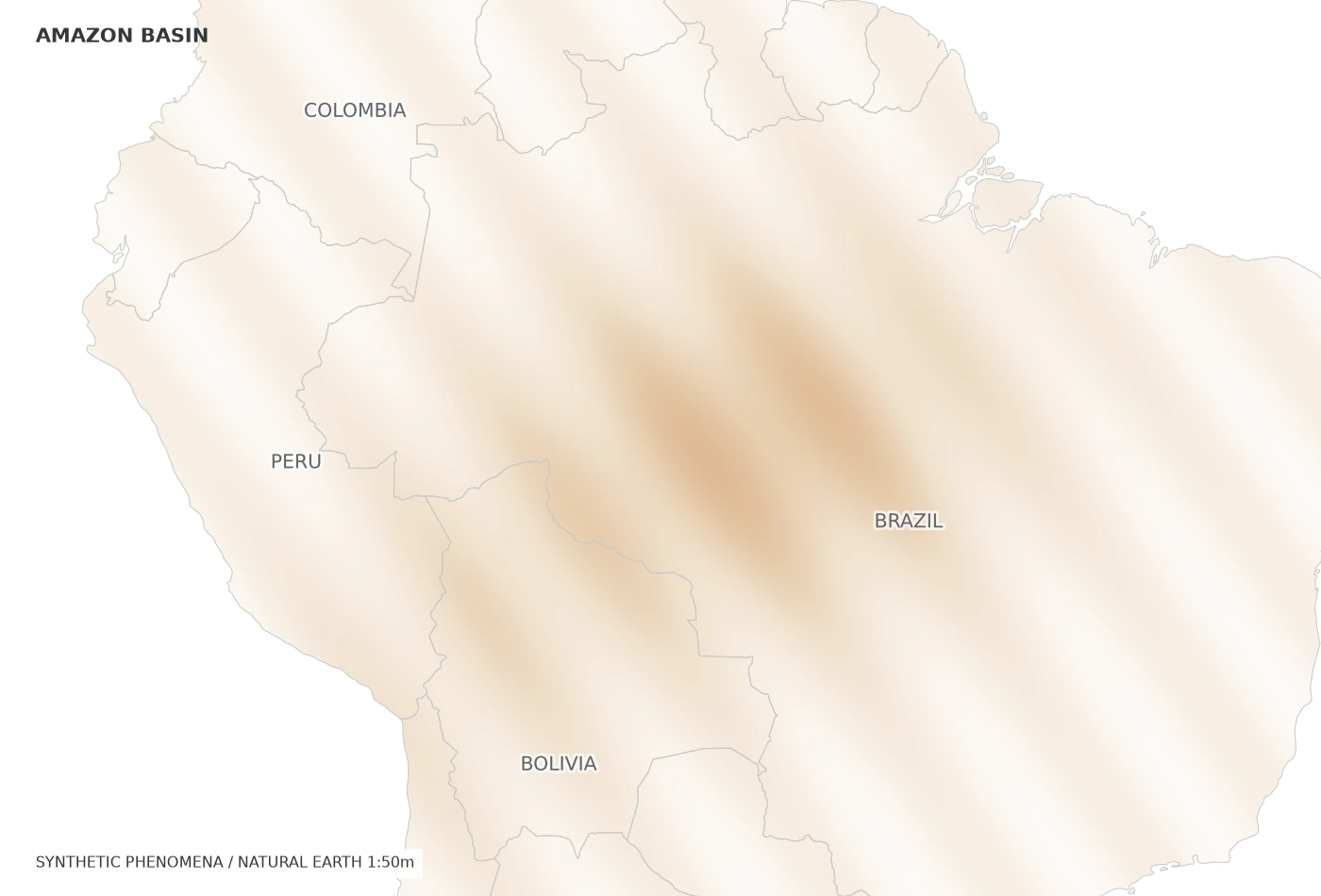 アマゾン周辺の地図。01 面 / 乾きの相対強度。地理はNatural Earth、現象は合成データ。