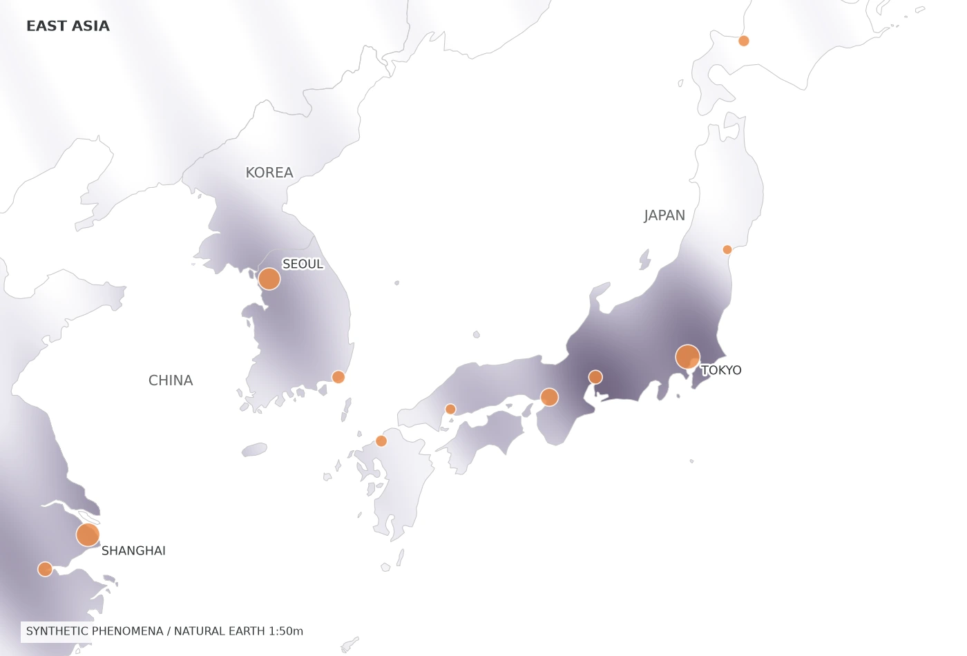 東アジアの地図。重ね合わせ / 大気汚染の相対強度 × 都市の活動。地理はNatural Earth、現象は合成データ。