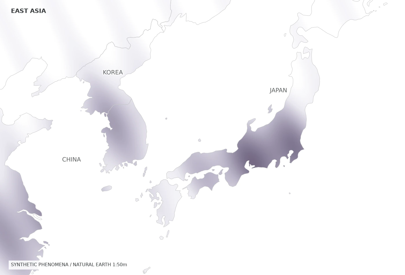 東アジアの地図。01 面 / 大気汚染の相対強度。地理はNatural Earth、現象は合成データ。