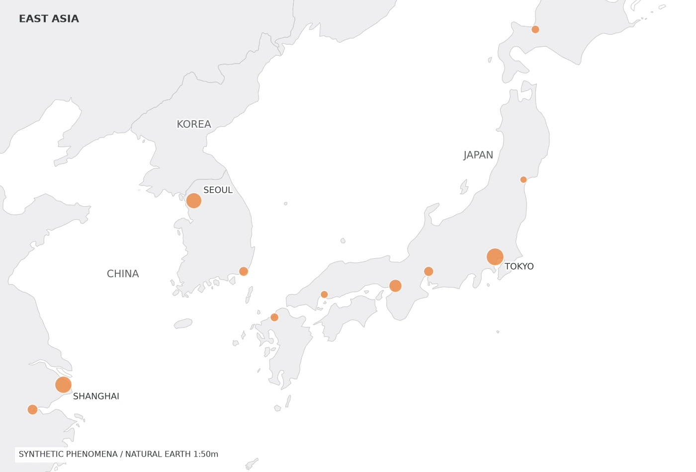 東アジアの地図。02 点 / 都市の活動。地理はNatural Earth、現象は合成データ。