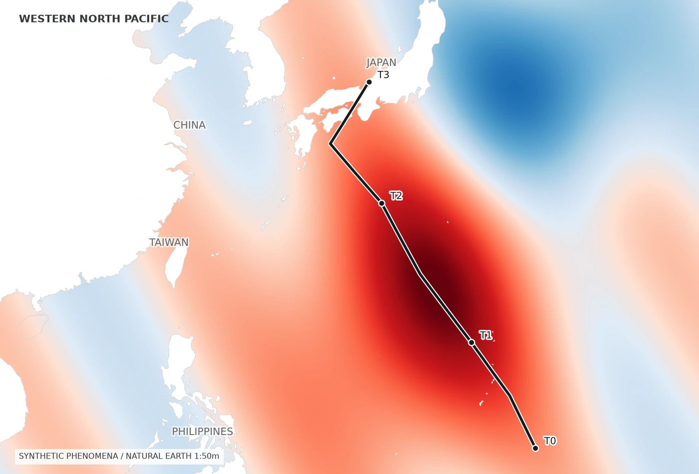 北西太平洋の地図。重ね合わせ / 海面の暖冷指数 × 台風の経路。地理はNatural Earth、現象は合成データ。