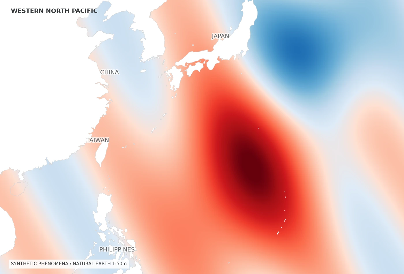 北西太平洋の地図。01 面 / 海面の暖冷指数。地理はNatural Earth、現象は合成データ。