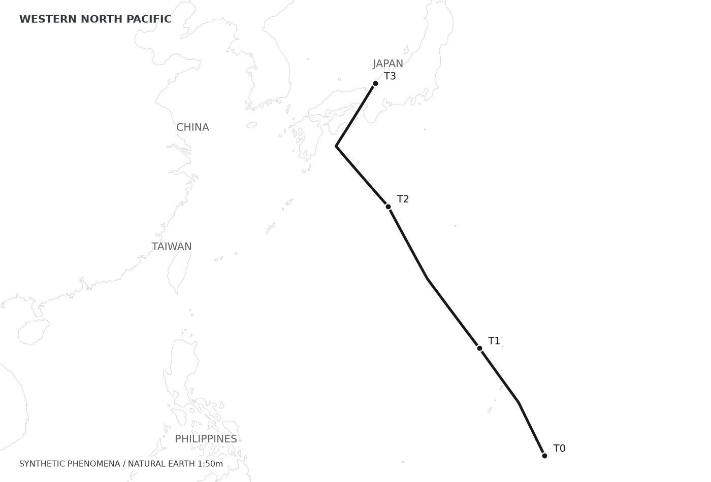 北西太平洋の地図。02 線 / 台風の経路。地理はNatural Earth、現象は合成データ。